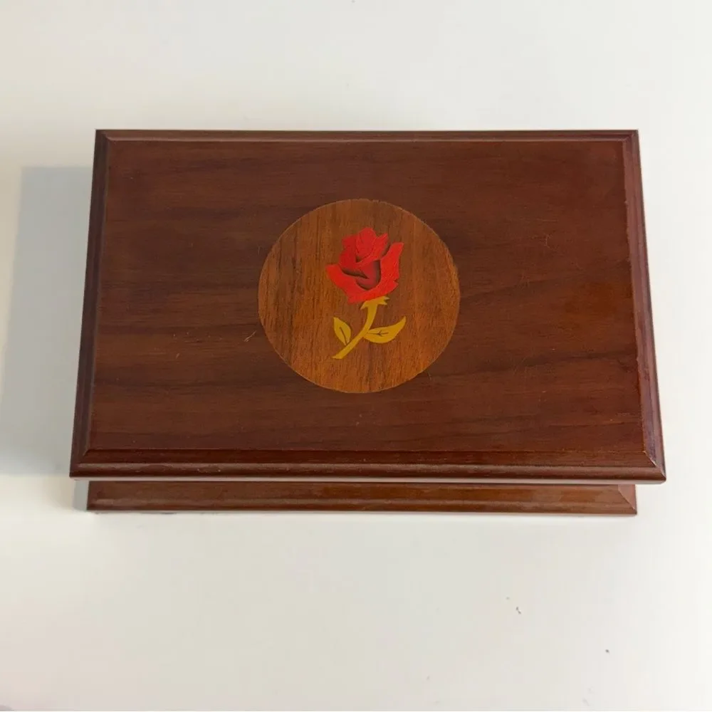 Walnut Rose Inlaid Wooden Trinket Box 9x6